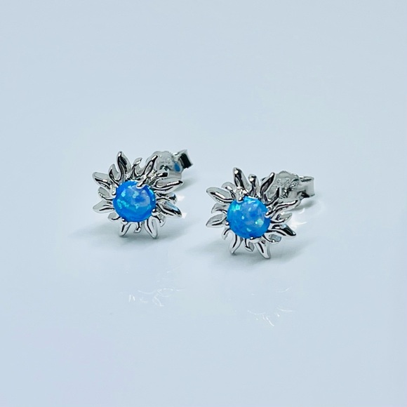 Sterling Silver Blue Lab Opal Blazing Sun Earrings, Silver Stud Earring, Sunny - Picture 1 of 13